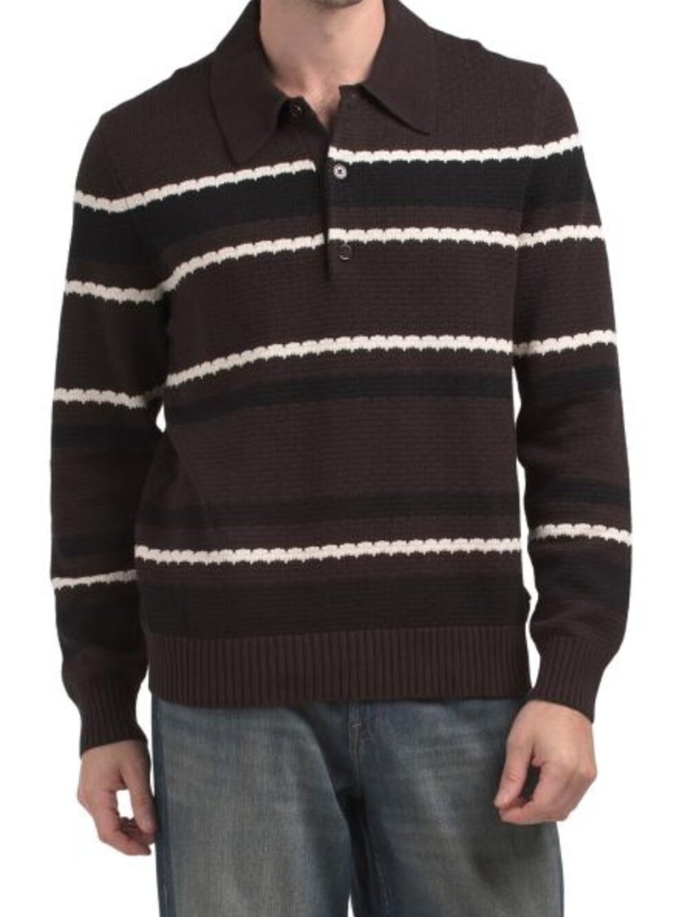 NN07 Men's Brown Striped Pattern Organic Cotton Long Sleeve Polo Sweater